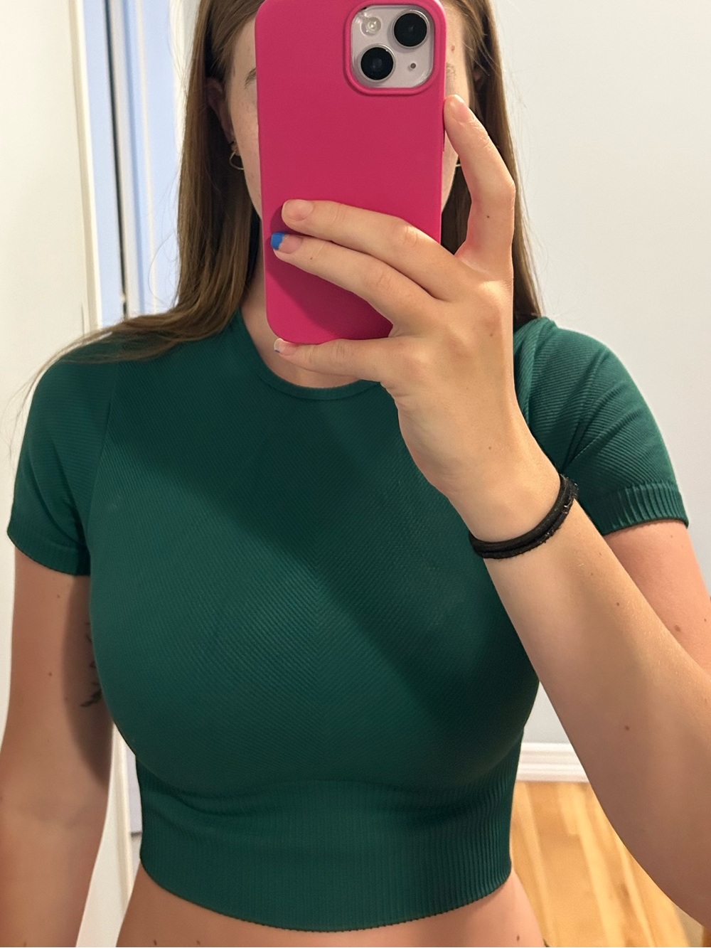 Women's Athletic Short Sleeve Ribbed Crop Top - Dark Green